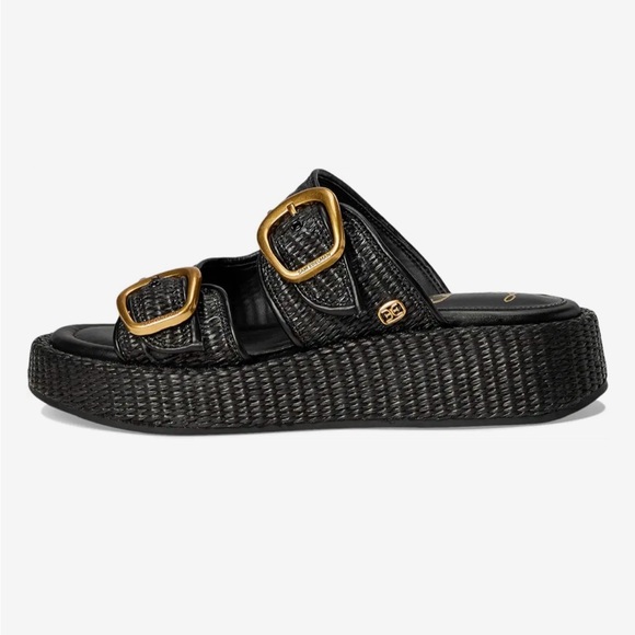 NWT Sam Edelman Black Nerissa Woven Platform Slide with Gold Buckles - Picture 4 of 9